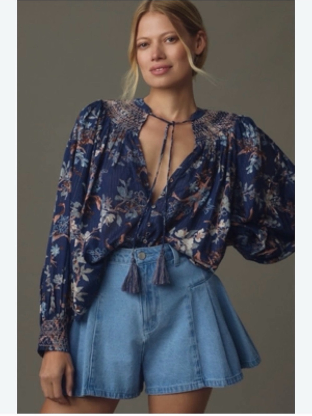 Anthropologie Long-Sleeved Smocked Jacquard Blouse size L